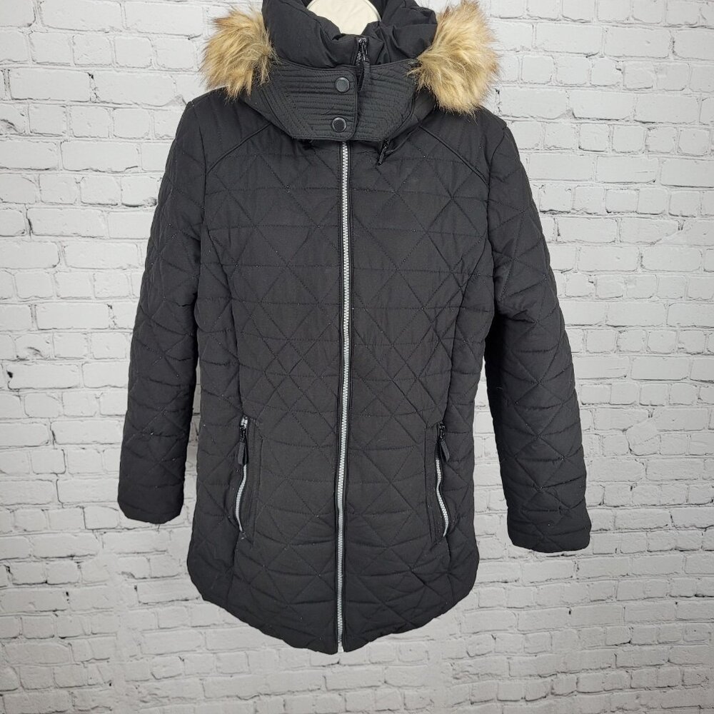 Marc New York Black Stretch Faux Down Quilted Removable Fur Hood Jacket Large L